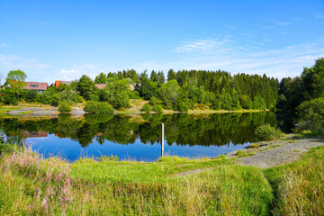 Landscape at the Unterer Eschenbacher Teich. Nature at the lake near Clausthal-Zellerfeld in the Harz National Park. Former mining pond.
