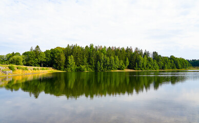 Landscape at the Unterer Haus-Herzberger Teich. Nature at the lake near Clausthal-Zellerfeld in the Harz National Park. Former mining pond.
