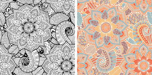 Hand Drawn Mandala and Floral decorative elements, Coloured and Black and White Vector Seamless pattern For fabrics, clothing, decoration, home decor, cards and templates, wrapping paper, kids prints.