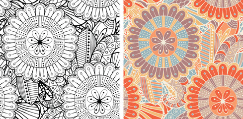 Hand Drawn Mandala and Floral decorative elements, Coloured and Black and White Vector Seamless pattern For fabrics, clothing, decoration, home decor, cards and templates, wrapping paper, kids prints.