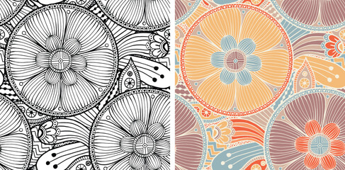 Hand Drawn Mandala and Floral decorative elements, Coloured and Black and White Vector Seamless pattern For fabrics, clothing, decoration, home decor, cards and templates, wrapping paper, kids prints.