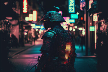 Fototapeta na wymiar Standing dark samurai on the street with blurred neon lights, Generative AI