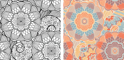 Hand Drawn Mandala and Floral decorative elements, Coloured and Black and White Vector Seamless pattern For fabrics, clothing, decoration, home decor, cards and templates, wrapping paper, kids prints.