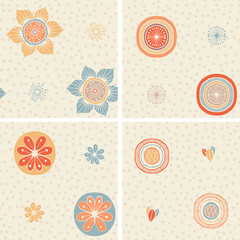Hand Drawn Abstract floral patterns, Vector Seamless patterns with polka dots background For fabrics, clothing, decoration, home decor, cards and templates, wrapping paper, kids prints.