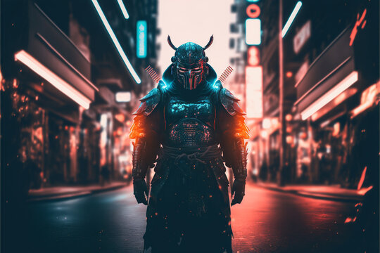 Samurai in the middle of the street with blurred neon lights at night, Generative AI