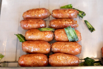 Local sausages in Thailand made from pork.