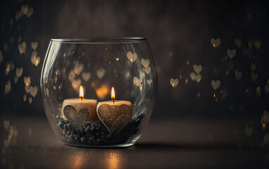 Beautiful candles burning on dark background. Perfect for romantic love concept. Lots of copy space. Based on Generative AI