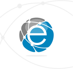 E logo with a globe with a network behind it