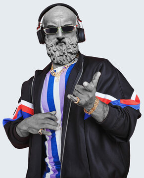 Greek Mythology God Aeschylus wearing a jacket, glasses, and headphones isolated on a white background