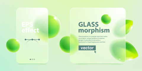 Cards screens in glassmorphism effect. Eco friendly template. Matte glass with blurred floating green leaves and spheres.