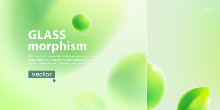 Eco friendly template in glassmorphism style. Matte glass screen with blurred floating green leaves and spheres.