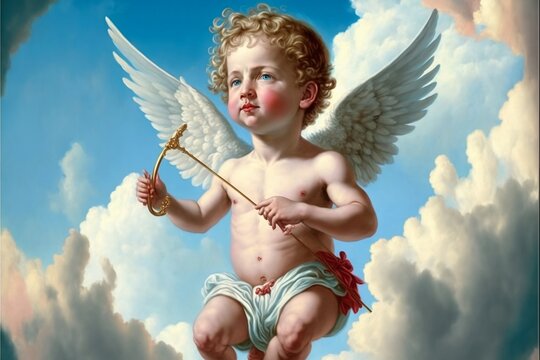 Cupid flying on the sky with his bow. Generative AI