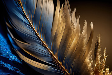 Luxury gilded gold golden Blue swan Feather, background, Generative AI