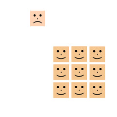 positive attitude concept with small square faces with sad faces and one standing out with a smile