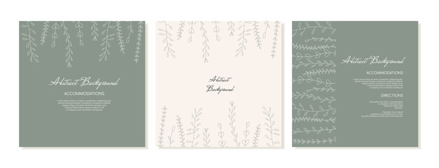 A set of square backgrounds for social media posts with plants in natural colours in the outline. Vector template