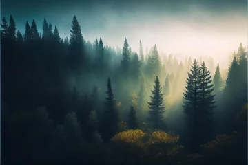 Wall murals Forest in fog Forest landscape view from above. foggy forest. Generative AI