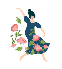 Vector isolated illustration of cute dancing woman. Happy Women s Day concept for card, poster, banner and other
