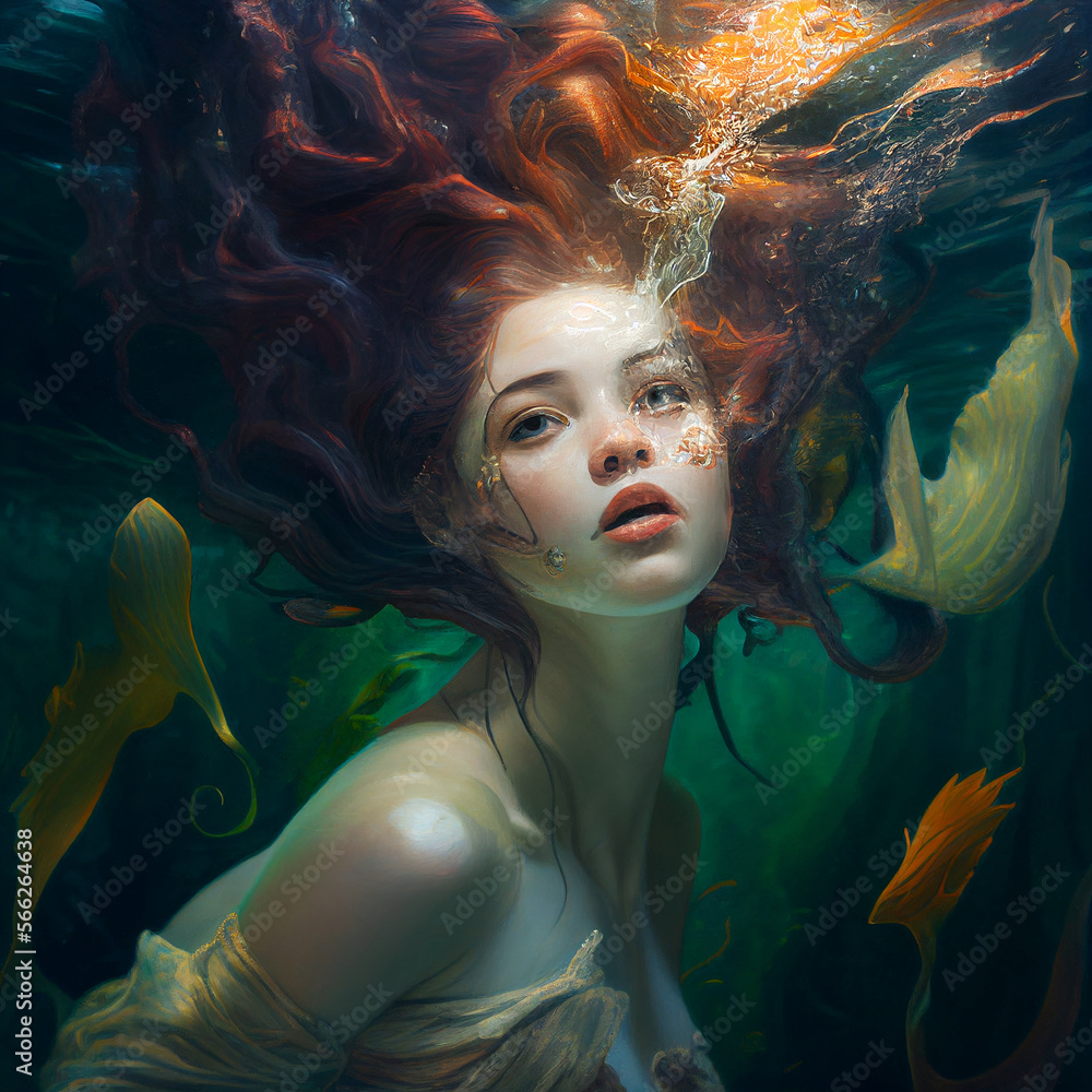 Wall mural Mermaid Woman Underwater Water Spirit Siren Orange Hair Folklore Mythological Beauty Fantasy Creature Generative AI Tools Technology illustration