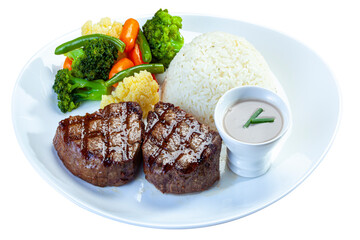 Roasted steak meat, rice and vegetables