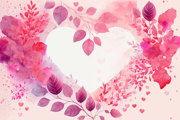 Abstract watercolor painting with hearts, flowers and pinks. Birds perch gracefully on blooming branches. Stimulate love and romance