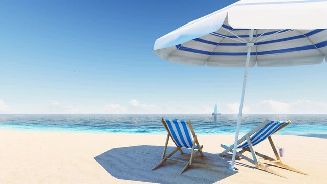 4K Ultra HD. Blue ocean sand beach nature tropical palms Island. Hotel beach. Caribbean sea and sky. Small wild beach chairs. landscape Island. Palms turquoise sea background Atlantic ocean. 