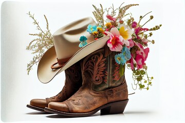 cowboy boots for cowgirl with bouquet of flowers and hat isolated on white. Generative AI