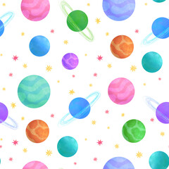 Seamless space pattern. Planets of different sizes and colors, planet with rings, pink and light yellow stars. White background