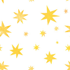 Seamless stars pattern. Golden  stars on white background. Bright colores, cute style. For children clothes, fabric, wallpaper, wrapping paper. Space or magic theme.