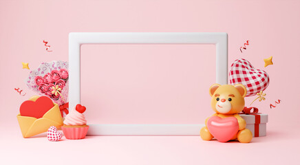 Mock up poster frame in children room with gift box and pink heart, kids room, Valentine's day. blank board for copy space. 3D rendering illustration