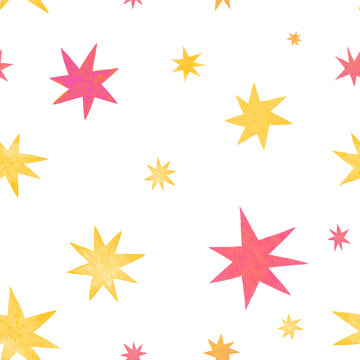 Seamless stars pattern. Golden and pink stars on white background. Bright colores, cute style. For children clothes, fabric, wallpaper, wrapping paper. Space or magic theme.