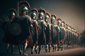 Roman legionnaires on the march, formation of ancient warriors, AI generated art - obrazy, fototapety, plakaty