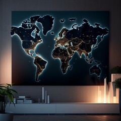 world map framed hanging on a wall