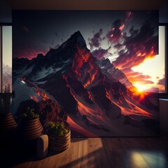 sunset in the mountains photography hanging on a wall