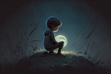 Fototapeta na wymiar night scene showing a boy with a big moon on meadow, digital art style, digital illustration painting (ai generated)