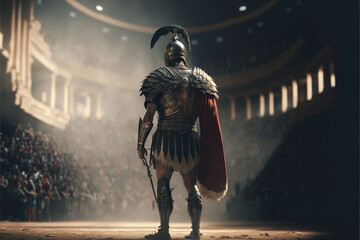 Ancient Roman gladiator enters the arena for fighting, against the backdrop of an anticipated battle by the crowd, realistic art generated by ai, rear view - obrazy, fototapety, plakaty