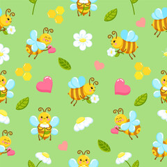 Cute and bright seamless pattern with cartoon love bees and daisies made in vector