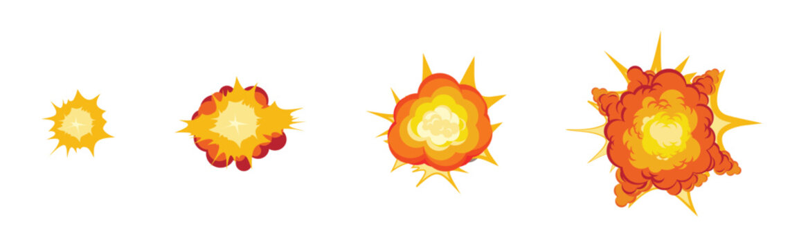 Explosion animation. Red fire flare storyboard with flame movement and expansion and bright destructive vector detonation