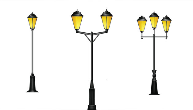 Vintage street lights. Spotlight in glass bells on curly iron pillars elegant triple and double retro vector lanterns