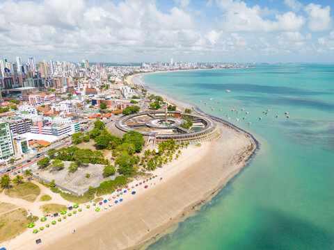 Aerial photo of cabo branco beach in the city of joao pessoa, paraiba, brazil