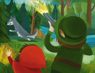 cartoon hunter in forest hunting bad wolf defending girl