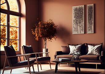 Living Room in Brown Warm Color. Generative AI.
