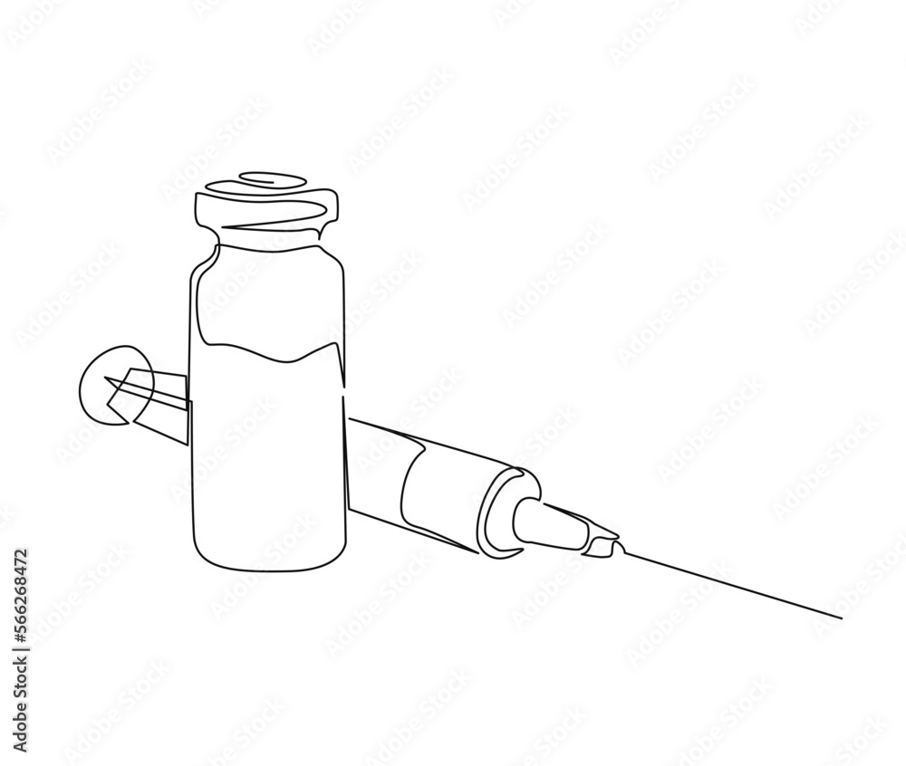 Poster continuous one line drawing of syringe and vial. simple illustration of vaccine and injection syring