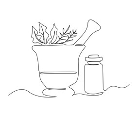 Continuous one line drawing of mortar with herbs . Simple illustration of traditional mortar line art vector illustration.