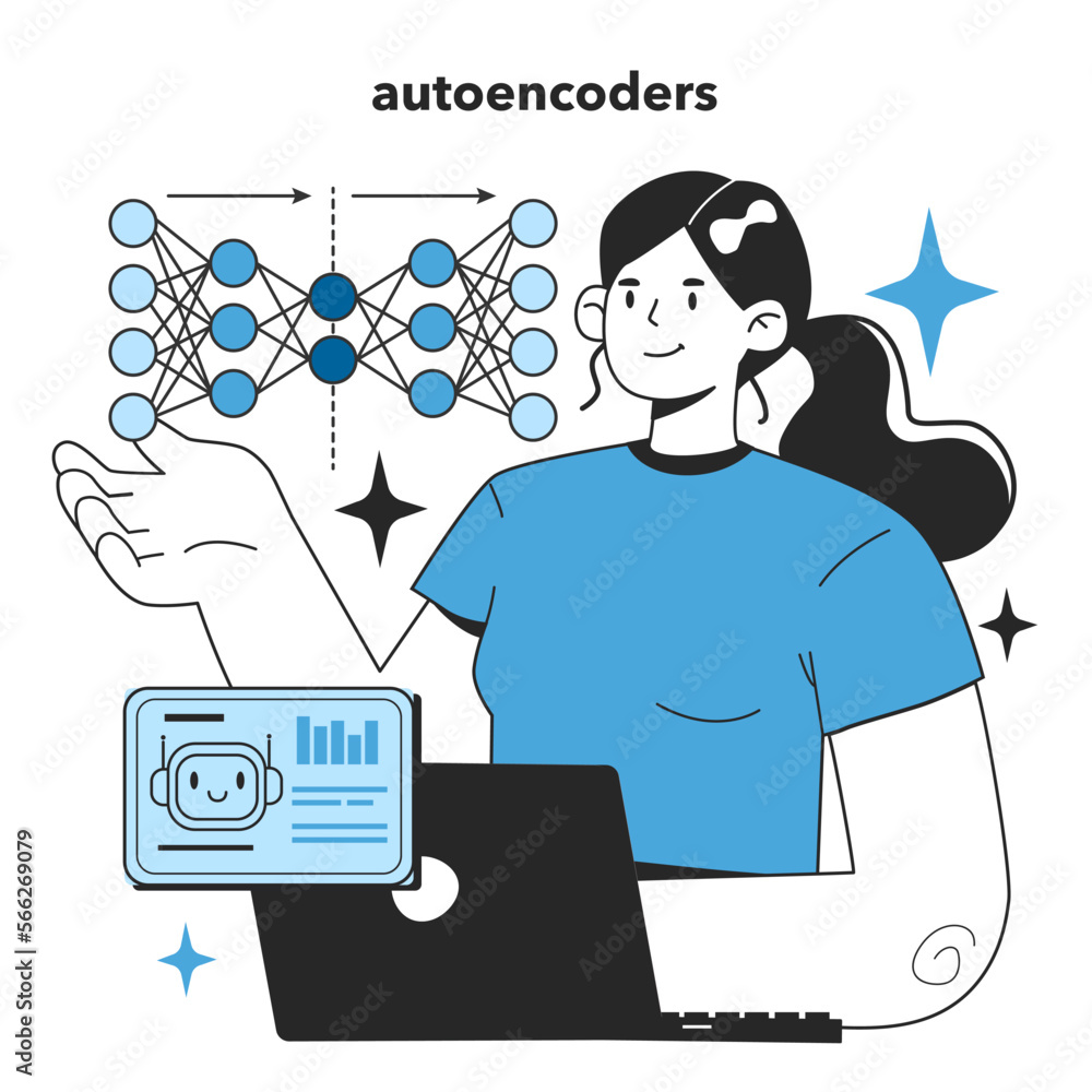 Poster autoencoders. artificial neural network training. self-learning computing