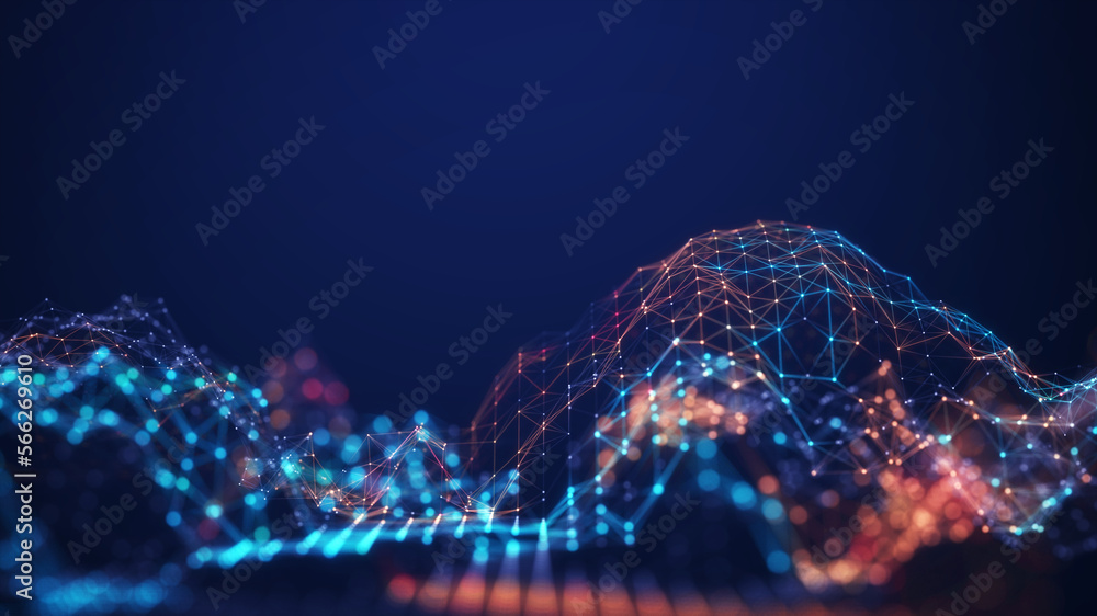 Poster Abstract connected dots and lines. Concept of AI technology, Motion of digital data flow. Communication and technology network concept with moving lines and dots. 3D rendering