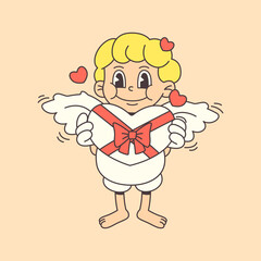 Cupid with a gift in trendy groovy style