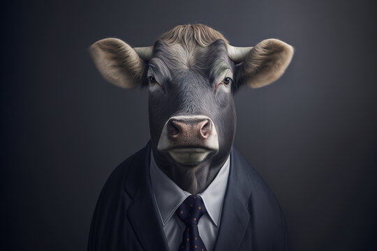 Generative AI illustration anthropomorphic portrait of cow in classy suit