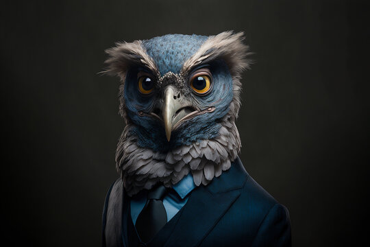 Generative AI illustration anthropomorphic portrait of wild owl in black suit