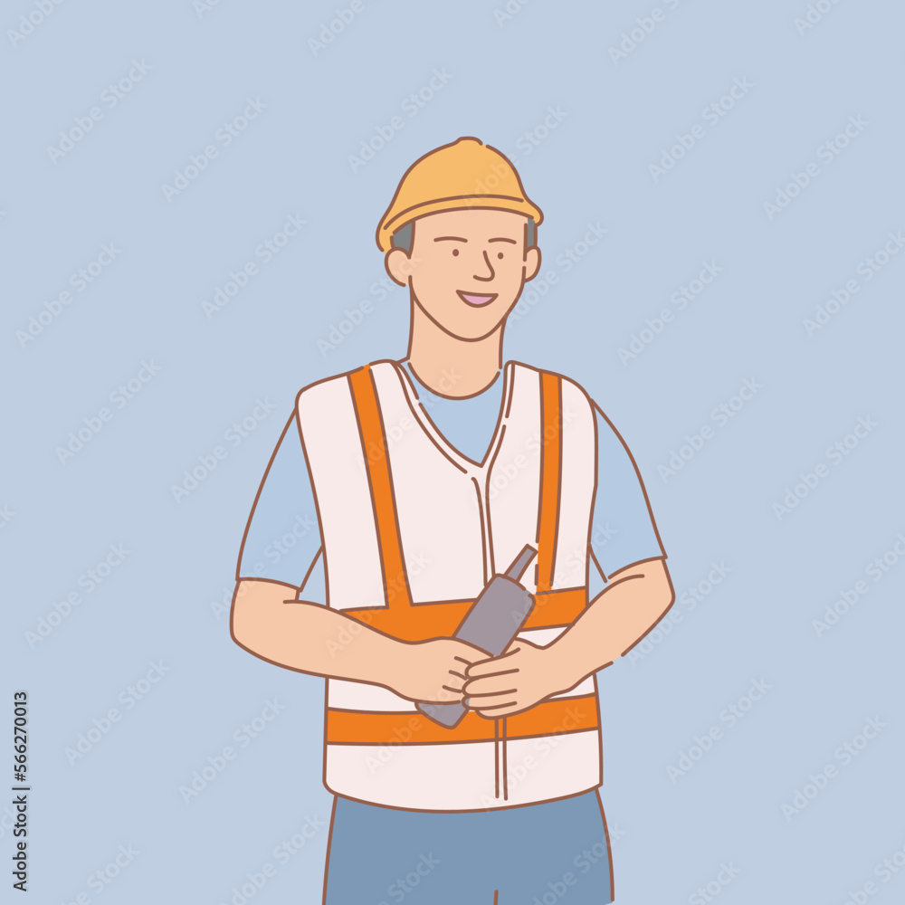 Poster engineer hold phone with smile with outline or line and clean simple style