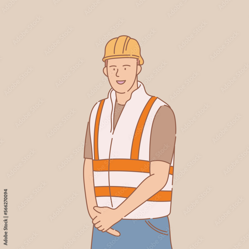 Poster engineer standing with yellow helmet and safety jacket with outline or line and clean simple style